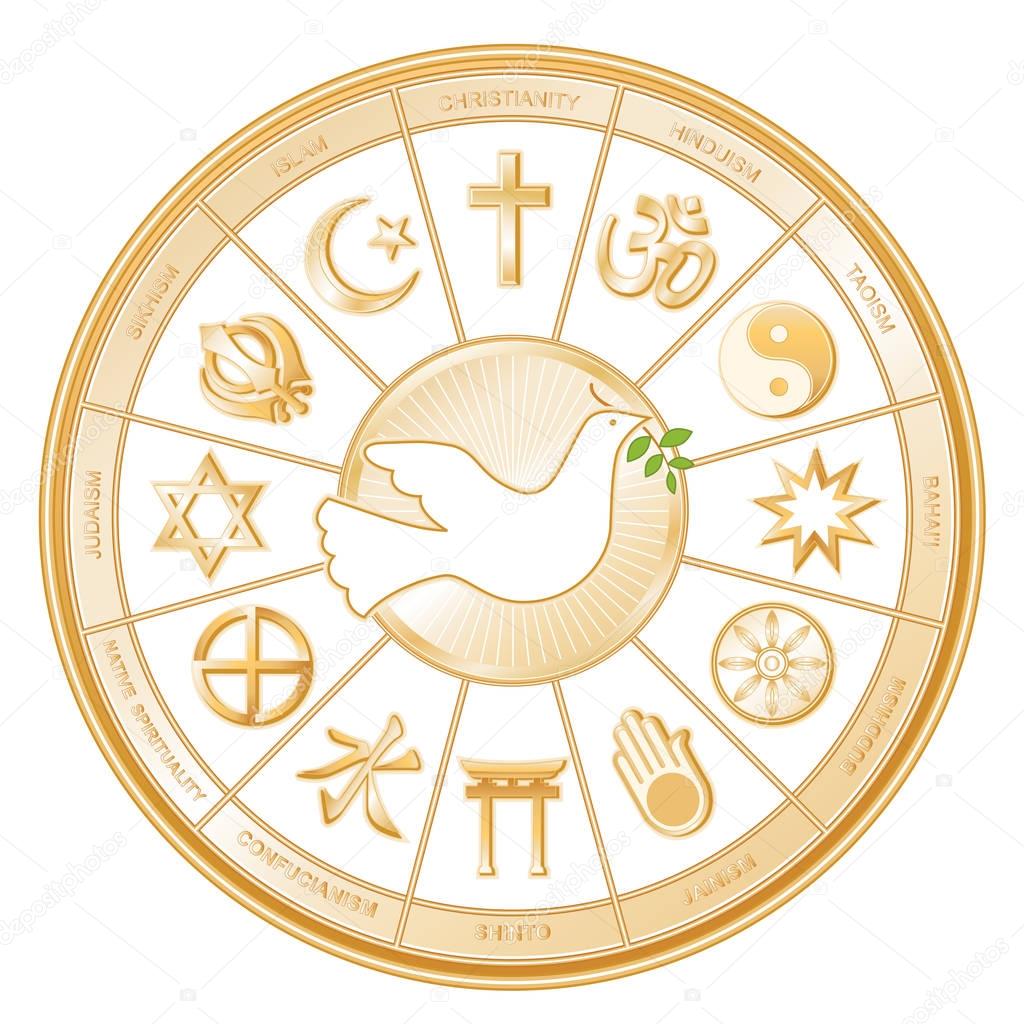 Religions of the World Gold Mandala Wheel, white Dove, international symbol of Peace