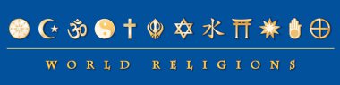 World Religions Banner, Gold Symbols, Blue Background clipart