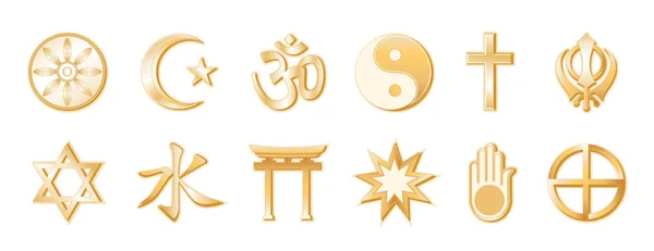 Din ve inanç dünya, altın sembolleri, beyaz arka plan — Stok Vektör