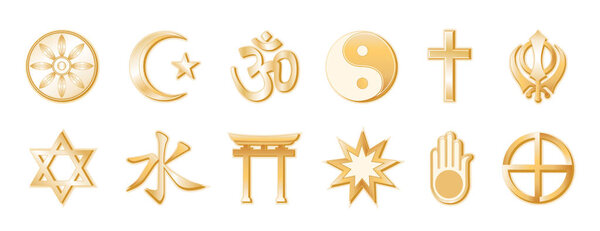  Religions and Faiths of the World, Gold Symbols, White Background