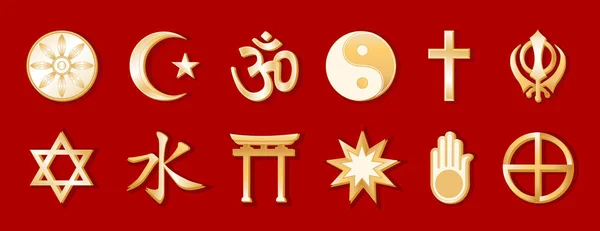 Din ve inanç dünya, altın sembolleri, kırmızı arka plan — Stok Vektör