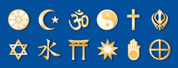 Religionen und Glaubensrichtungen der Welt, goldene Symbole, blauer Hintergrund — Stockvektor