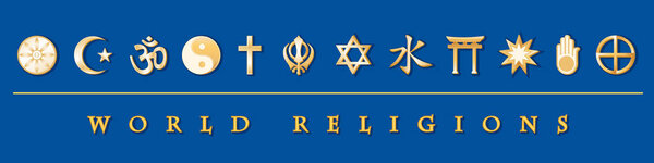 World Religions Banner, Gold Symbols, Blue Background