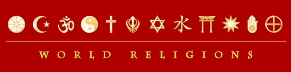 World Religions Banner, Simboluri de aur, Fundal roșu — Vector de stoc
