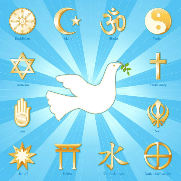 平和、世界宗教のポスター、水色の背景の鳩 — ストックベクタ
