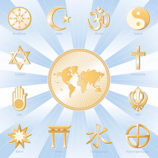 Mondo della fede, Religioni internazionali Manifesto, Cielo sfondo blu — Vettoriale Stock