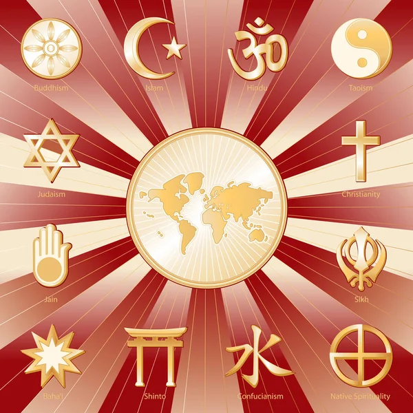 信仰、国際宗教ポスターの世界深紅色と金色 — ストックベクタ