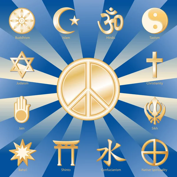Symbole de paix, Affiche des religions du monde, fond de rayon bleu — Image vectorielle