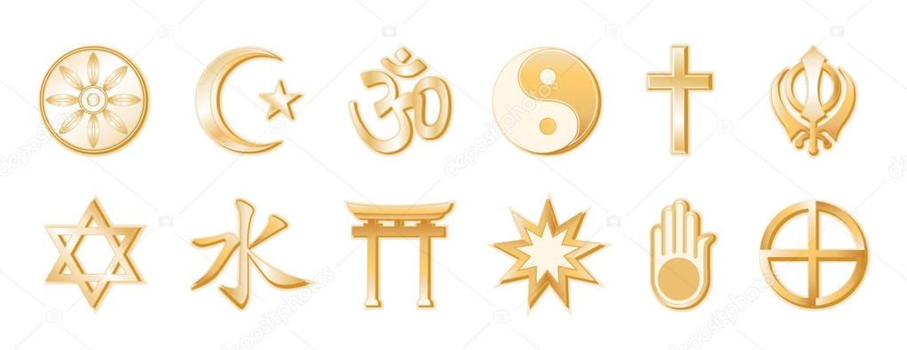  Religions and Faiths of the World, Gold Symbols, White Background