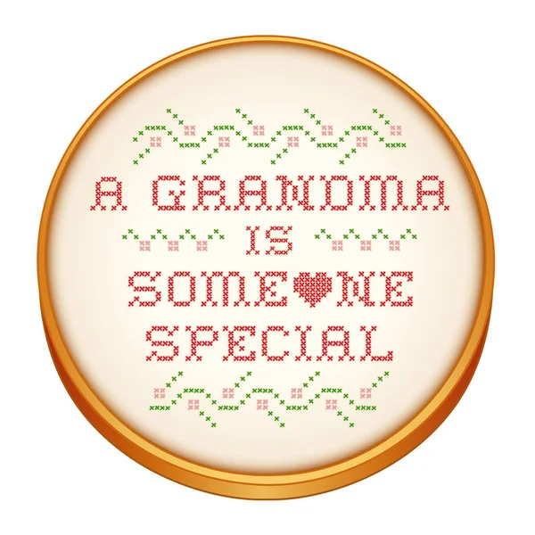 Grandma with Heart Cross Stitch Embroidery on Retro Wood Needlework Hoop — Stock Vector