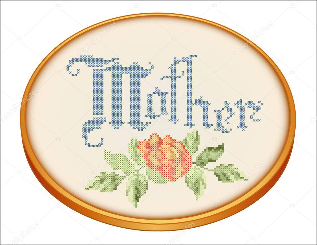 Mother Embroidery, Rose Cross Stitch on Retro Wood Needlework Hoop