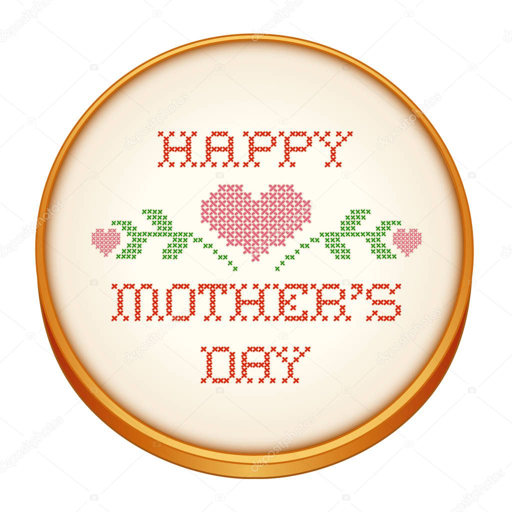 Mothers Day Cross Stitch Embroidery, Hearts and Flowers on Retro Wood Needlework Hoop