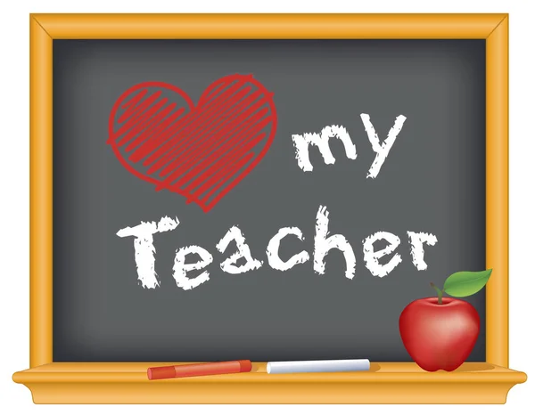 Love My Teacher Tableau noir avec grand coeur rouge et pomme — Image vectorielle