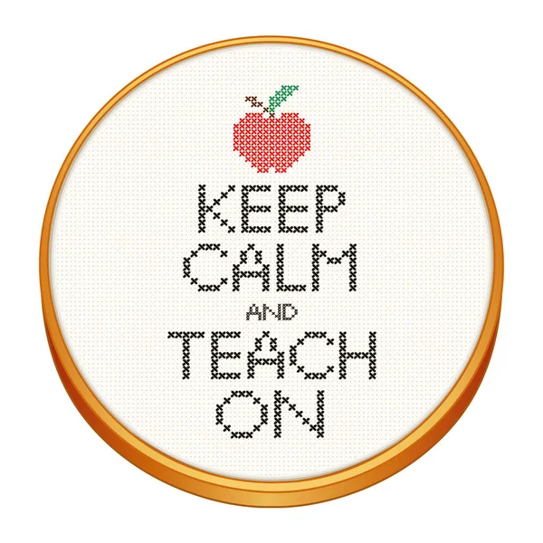 Зберігати спокій і навчити на хрест вишивка гладдю на деревини обруч, великий червоний Apple для вчителя — стоковий вектор