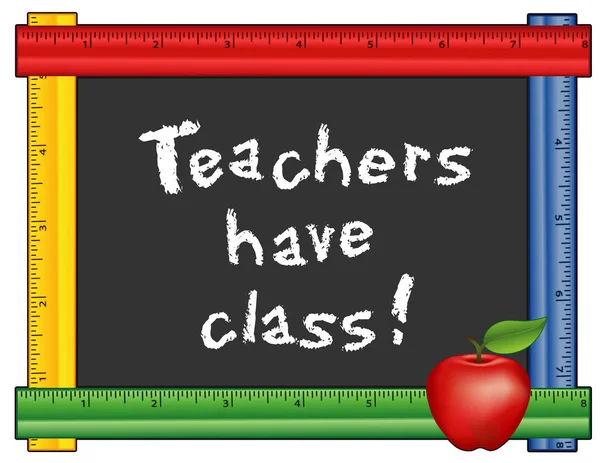 教師は、クラス、定規黒板、大きな赤いリンゴがあります。 — ストックベクタ