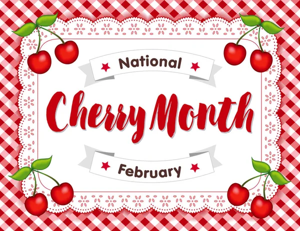 Κεράσι μήνα, Φεβρουάριος, Lace πετσετάκι μέρος ματ, κόκκινο Gingham — Διανυσματικό Αρχείο