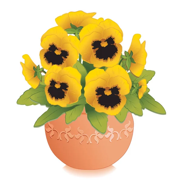 Pansy Flowers, Gold, in Embossed Clay Flowers pot (Viola tricolor) ) — стоковый вектор