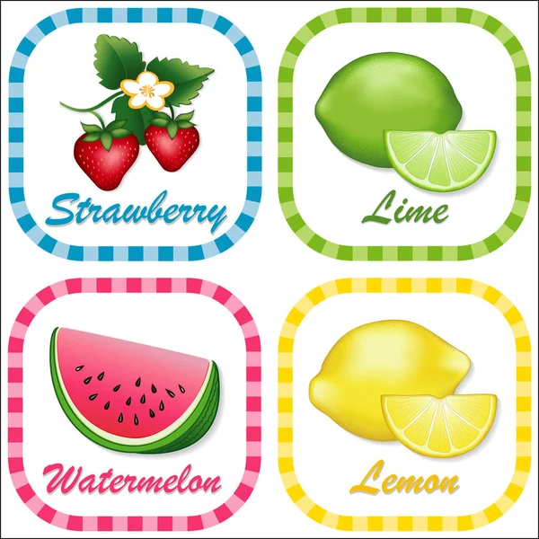 Frucht-Etiketten, Erdbeere, Wassermelone, Zitrone, Limette, karierter Rahmen — Stockvektor