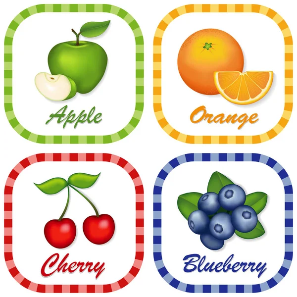 Etiquetas de frutas, Manzana verde, Naranja, Cereza, Arándanos, Marco de Gingham — Vector de stock