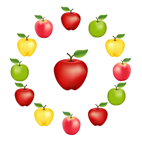 Pommes dans une roue, Granny Smith, Red Delicious, Golden Delicious et variétés roses — Image vectorielle