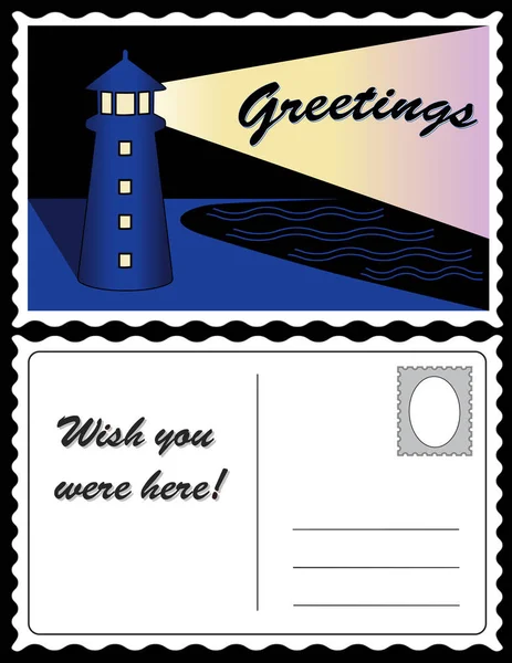 はがき、灯台海夜風景休暇カード — ストックベクタ