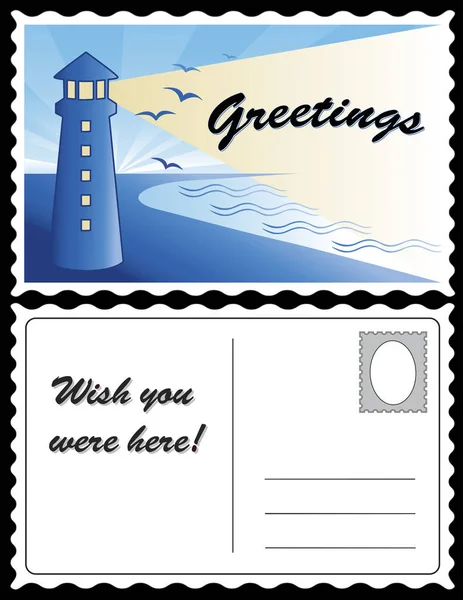 Postcard, Lighthouse Ocean Dawn Landscape Vacation Card — Stock Vector