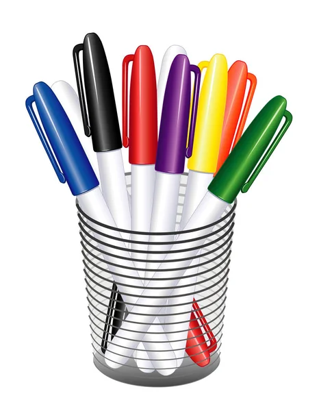 Маркер ручки, небольшой совет в семи цветах, настольный органайзер — стоковый вектор