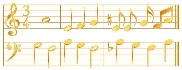 Notas de música, Oro sobre fondo blanco — Vector de stock