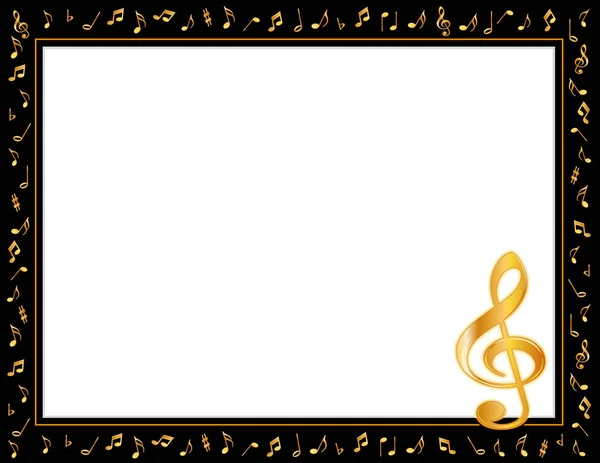 Marco del cartel de la música, notas de oro y agudos Clef — Vector de stock