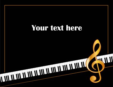 Müzik eğlence Poster çerçeve, klavye, tiz nota anahtarı, siyah arka plan