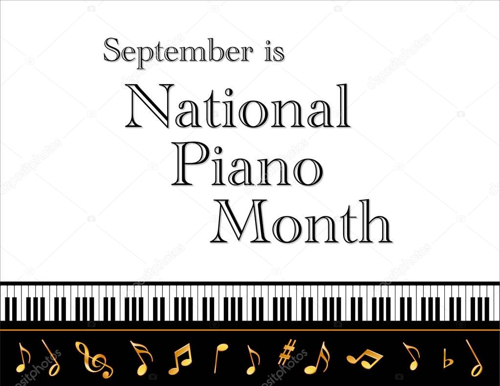 Piano Month Poster, September National USA Holiday, Keyboard, Gold Treble Clef, White Background