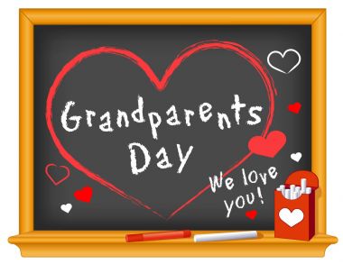 Büyükbaba ve Büyükanneler Günü, seni seviyoruz! Kalpleri ve öpücük Kisses kara tahta