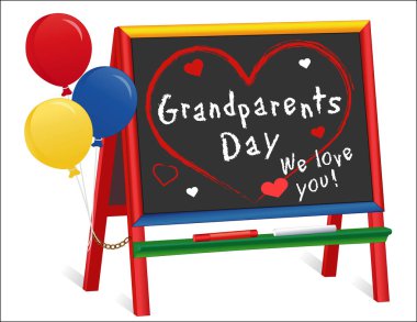 Büyükbaba ve Büyükanneler Günü, seni seviyoruz! Kalpler, öper ve balonlar, kara tahta şövale çocuklar için