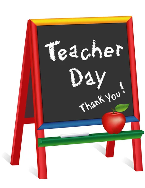 Lehrertag, danke! Tafelstaffelei für Kinder, Apfel für die Lehrerin — Stockvektor