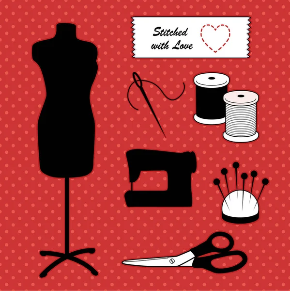 缝制时装模型模特，缝了爱，做些配饰，红色圆点背景 — 图库矢量图片
