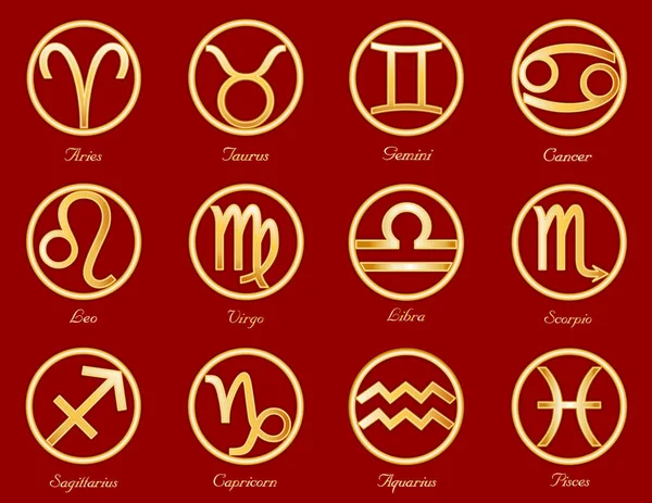 Símbolos de horóscopo, Doce símbolos de astrología de silueta dorada — Vector de stock