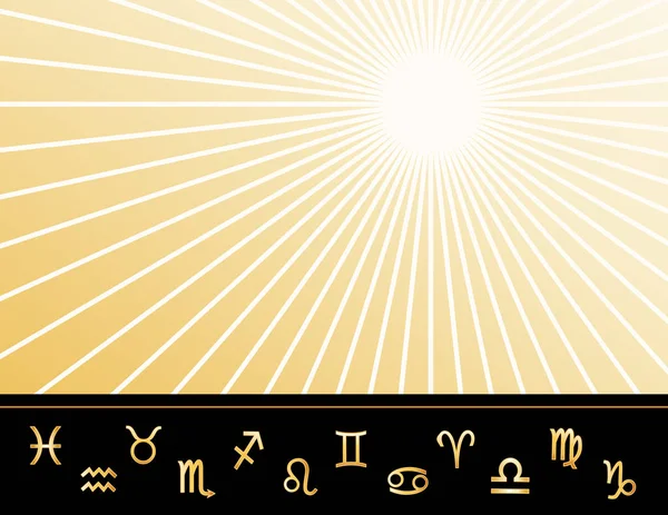 Oroscopo poster, dodici simboli di segno del sole di astrologia dell'oro — Vettoriale Stock