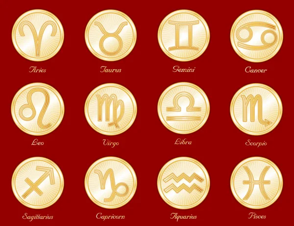 Ωροσκόπιο σύμβολα, δώδεκα χρυσό χαραγμένα μενταγιόν αστρολογία — Διανυσματικό Αρχείο