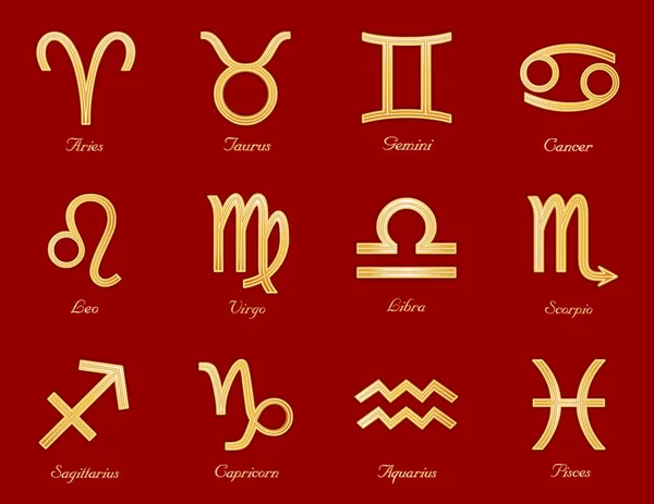 Horoscope Symbols, Twelve Gold Embossed Zodiac Symbols — Stock Vector