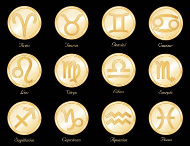 Burç sembolleri, on iki altın Astroloji madalyon-oyulmuş