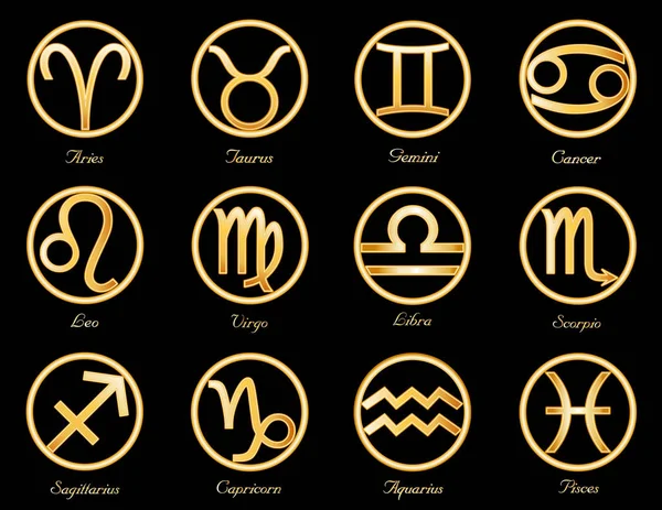 Símbolos de horóscopo, Doce símbolos de astrología de silueta dorada — Vector de stock