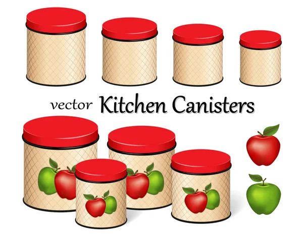 Kuchyně potraviny úložiště kanystr sada, červená a zelená jablka, příhradové podtisku, čtyři velikosti — Stockový vektor