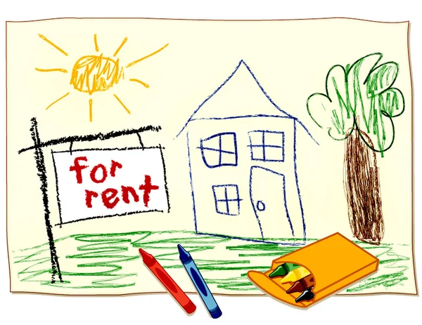 Inmobiliaria En Alquiler Cartel, dibujo de casa de crayón de niño — Archivo Imágenes Vectoriales