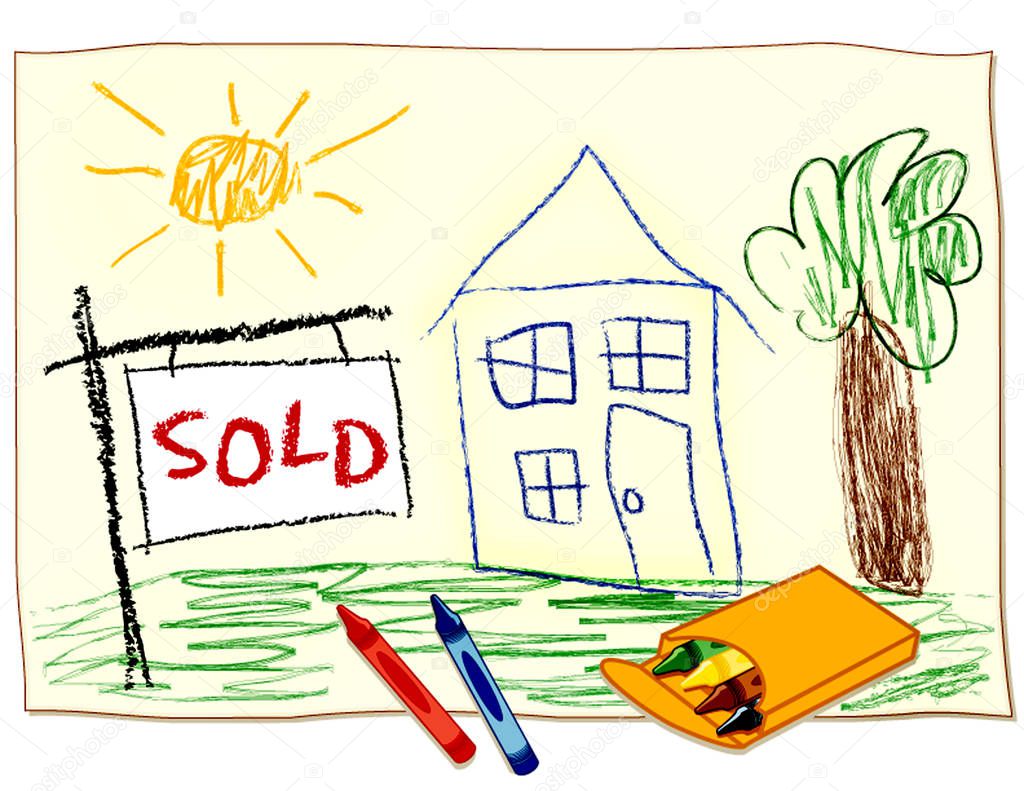 Real Estate Sold Sign, Child's Crayon House Drawing