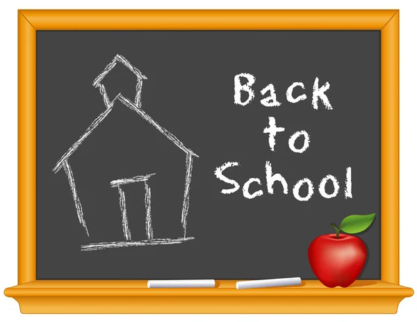 黒板、校舎、学校に戻って、先生のためのリンゴ — ストックベクタ
