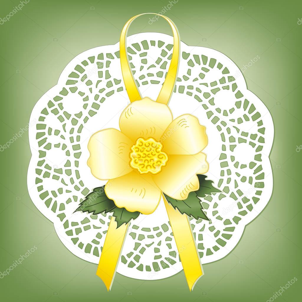 Lace Doily, Victorian Style Gift Ornament, Yellow Wild Rose, Ribbon  