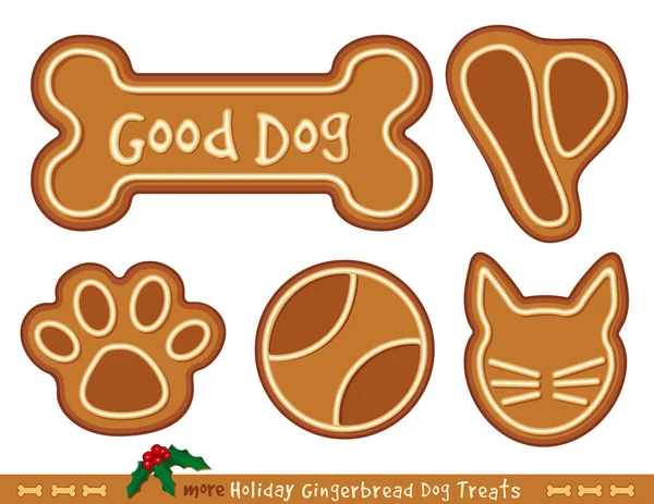 Golosinas para perros, Pan de jengibre de Navidad, hueso de perro, huella de pata, bola, filete de hueso T — Vector de stock