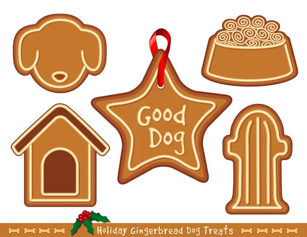 Golosinas para perros, Pan de jengibre de Navidad, caseta para perros, hueso de perro, boca de incendios, plato para perros — Vector de stock