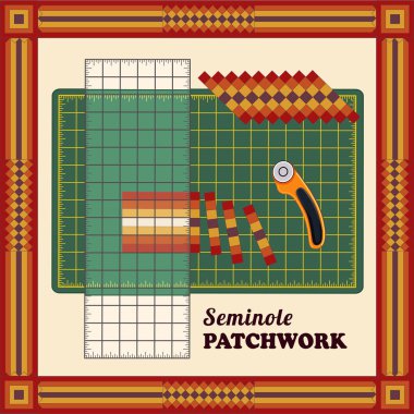 Patchwork DIY, Cutting Mat, Quilters Ruler, Rotary Blade Cutter, Traditional Seminole Strip Piece Design Pattern Frame clipart