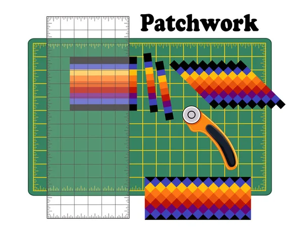Patchwork DIY, Cutting Mat, Quilters Ruler, Rotary Blade Cutter, Traditional Seminole Strip Piece Design Pattern — Stock Vector